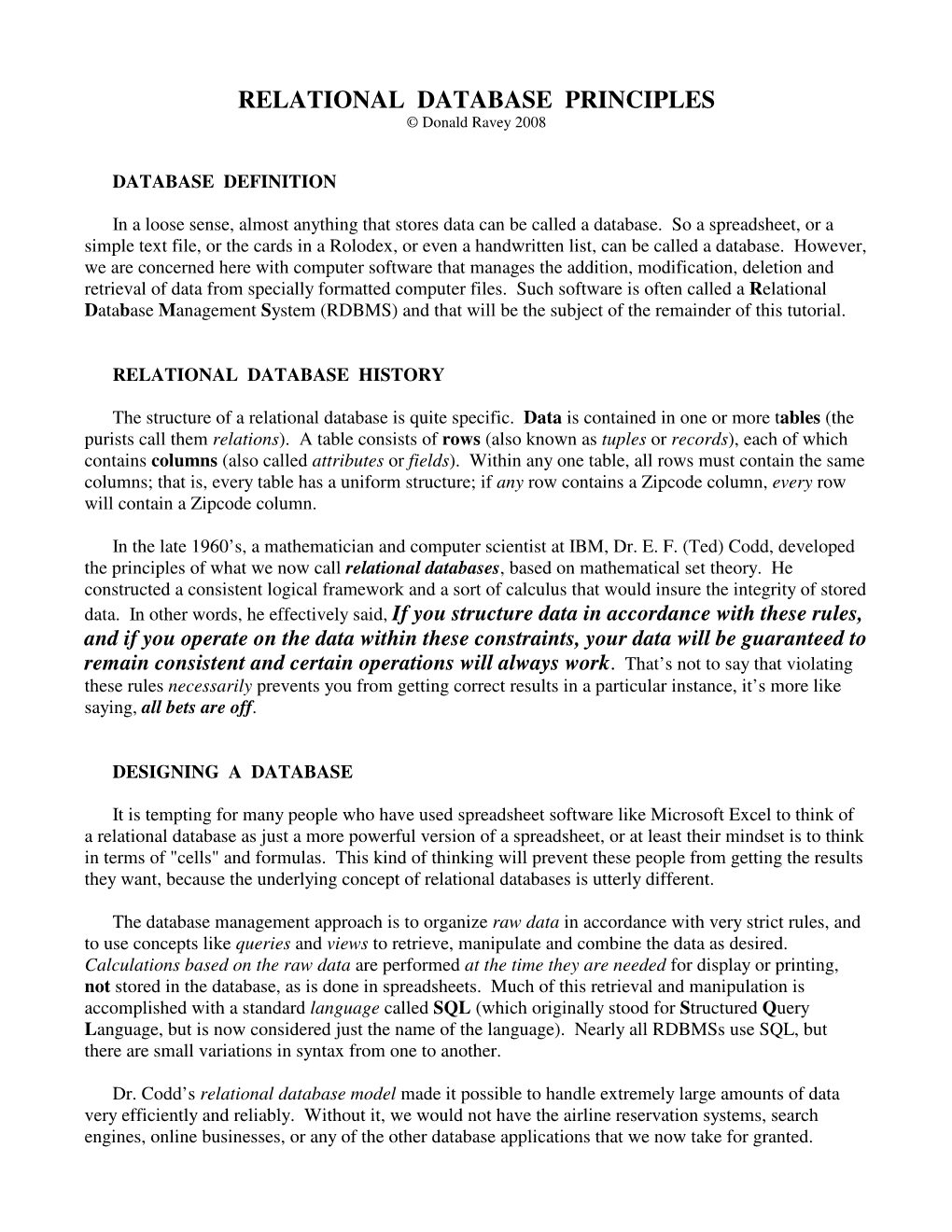 RELATIONAL DATABASE PRINCIPLES © Donald Ravey 2008