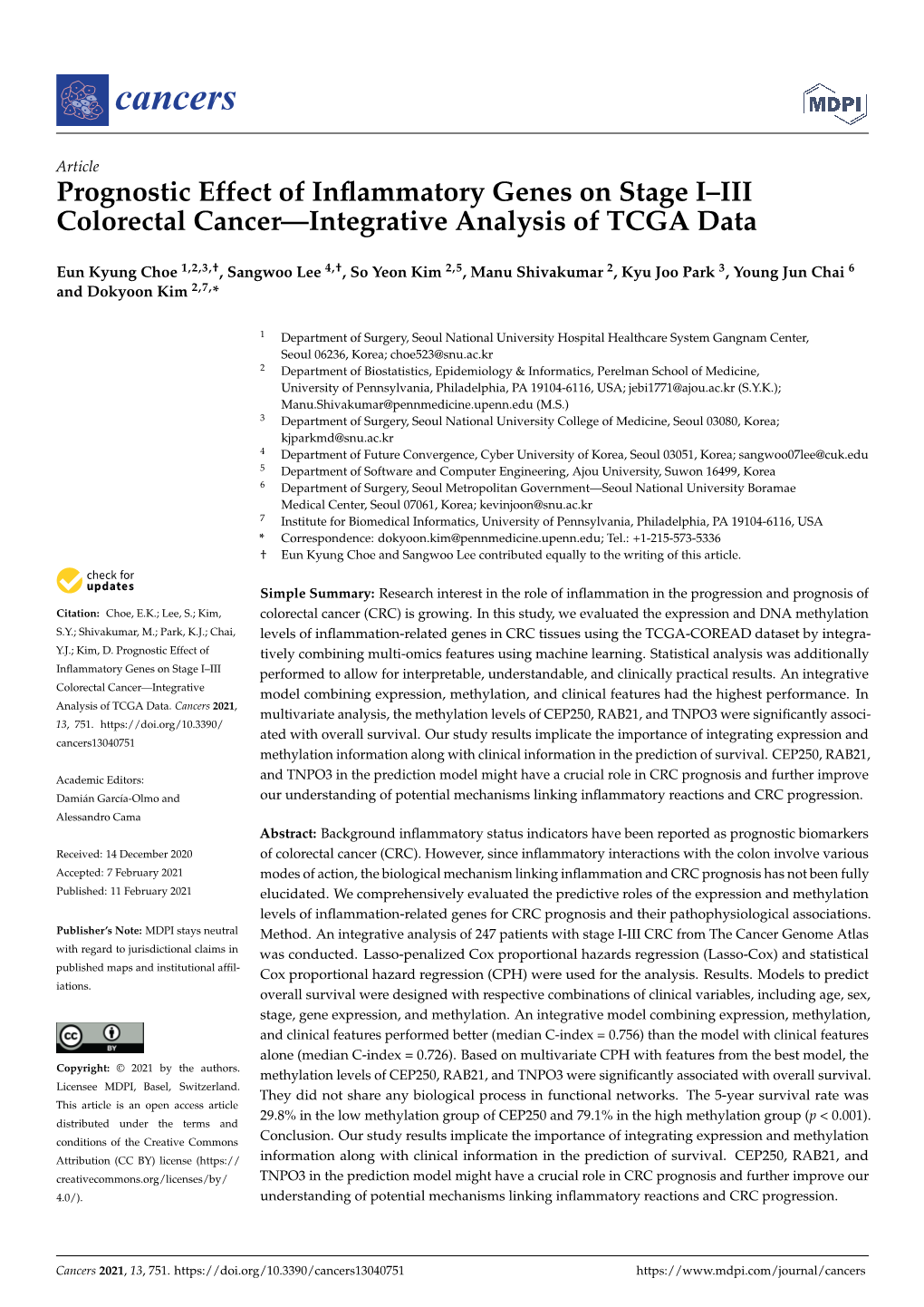 Prognostic Effect of Inflammatory Genes on Stage I–III Colorectal