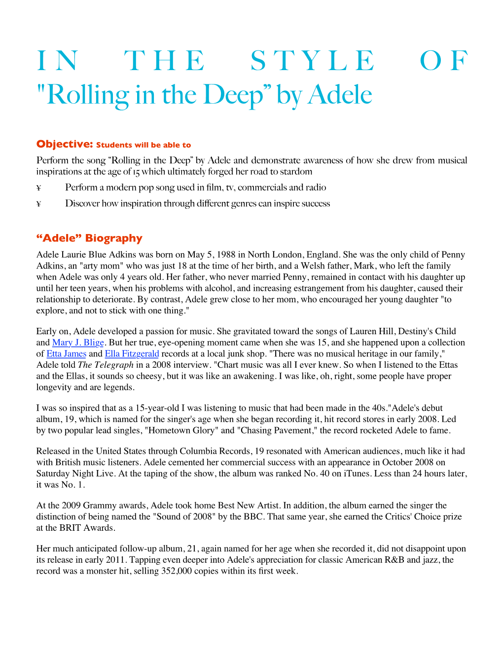 Rolling in the Deep Lesson Plan