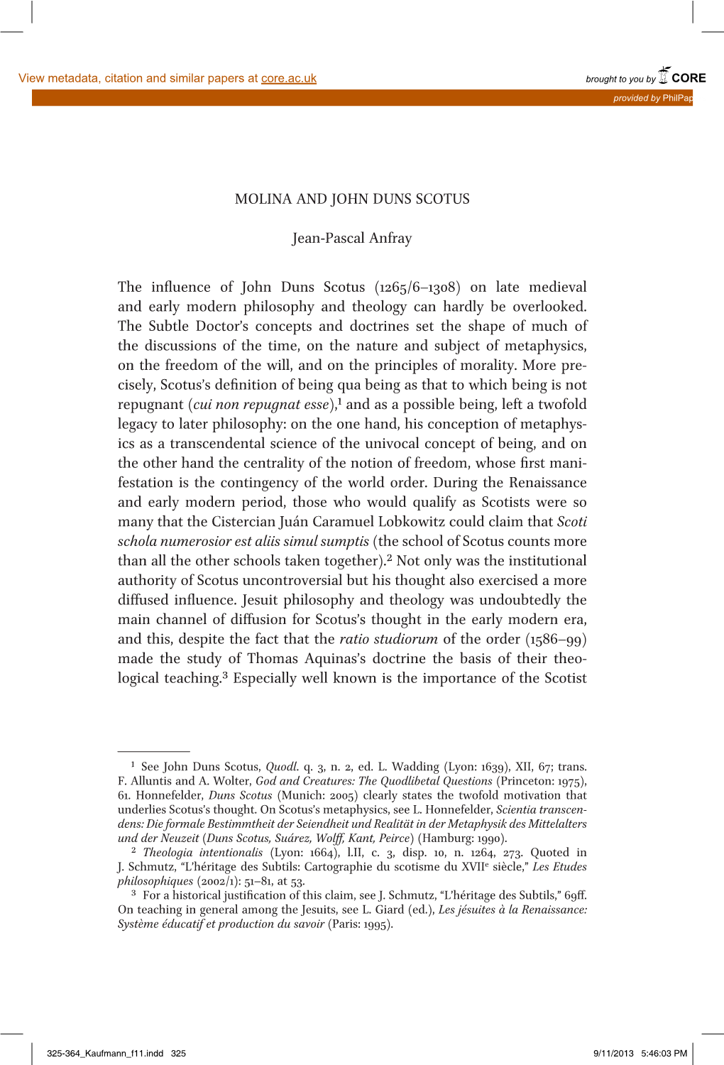 MOLINA and JOHN DUNS SCOTUS Jean-Pascal Anfray the Influence of John Duns Scotus