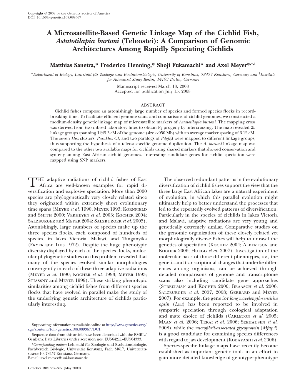 A Microsatellite-Based Genetic Linkage Map of the Cichlid Fish, Astatotilapia Burtoni (Teleostei): a Comparison of Genomic Archi