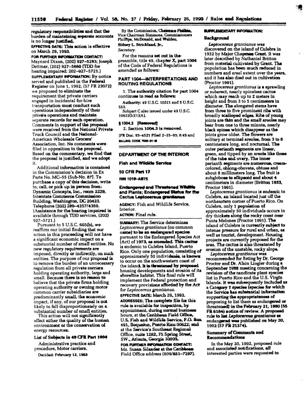 11551 Federal Register / Vol. 5& No. 37 1 Pr~Day,February 26, 1993