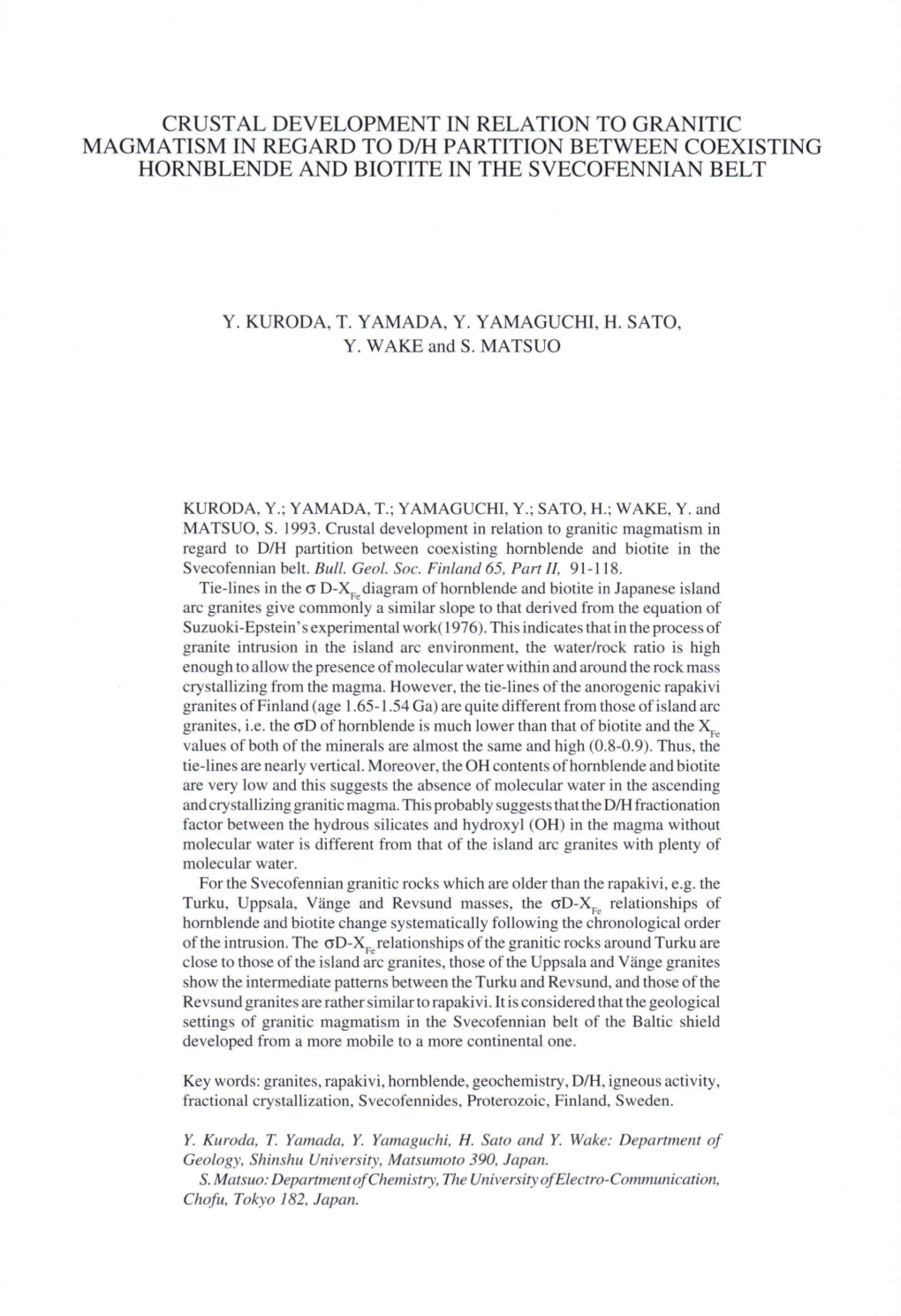 Crustal Development in Relation to Granitic Magmatism in Regard to D/H Partition Between Coexisting Hornblende and Biotite in the Svecofennian Belt