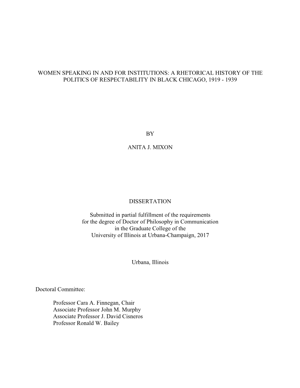 A Rhetorical History of the Politics of Respectability in Black Chicago, 1919 - 1939