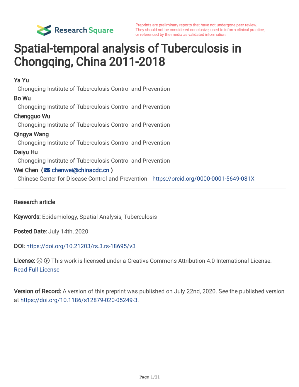 Spatial-Temporal Analysis of Tuberculosis in Chongqing, China 2011-2018