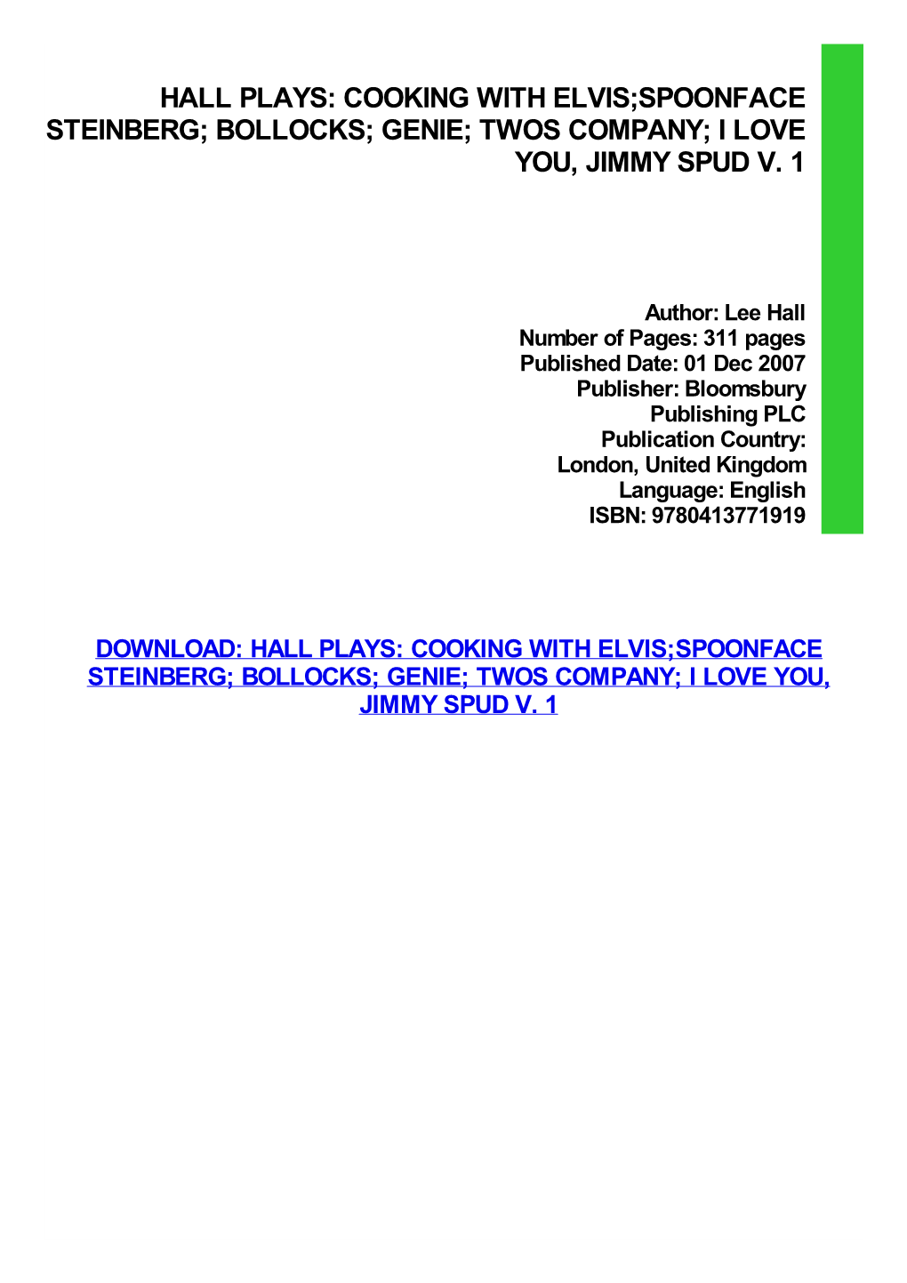 {PDF} Hall Plays: Cooking with Elvis;Spoonface Steinberg