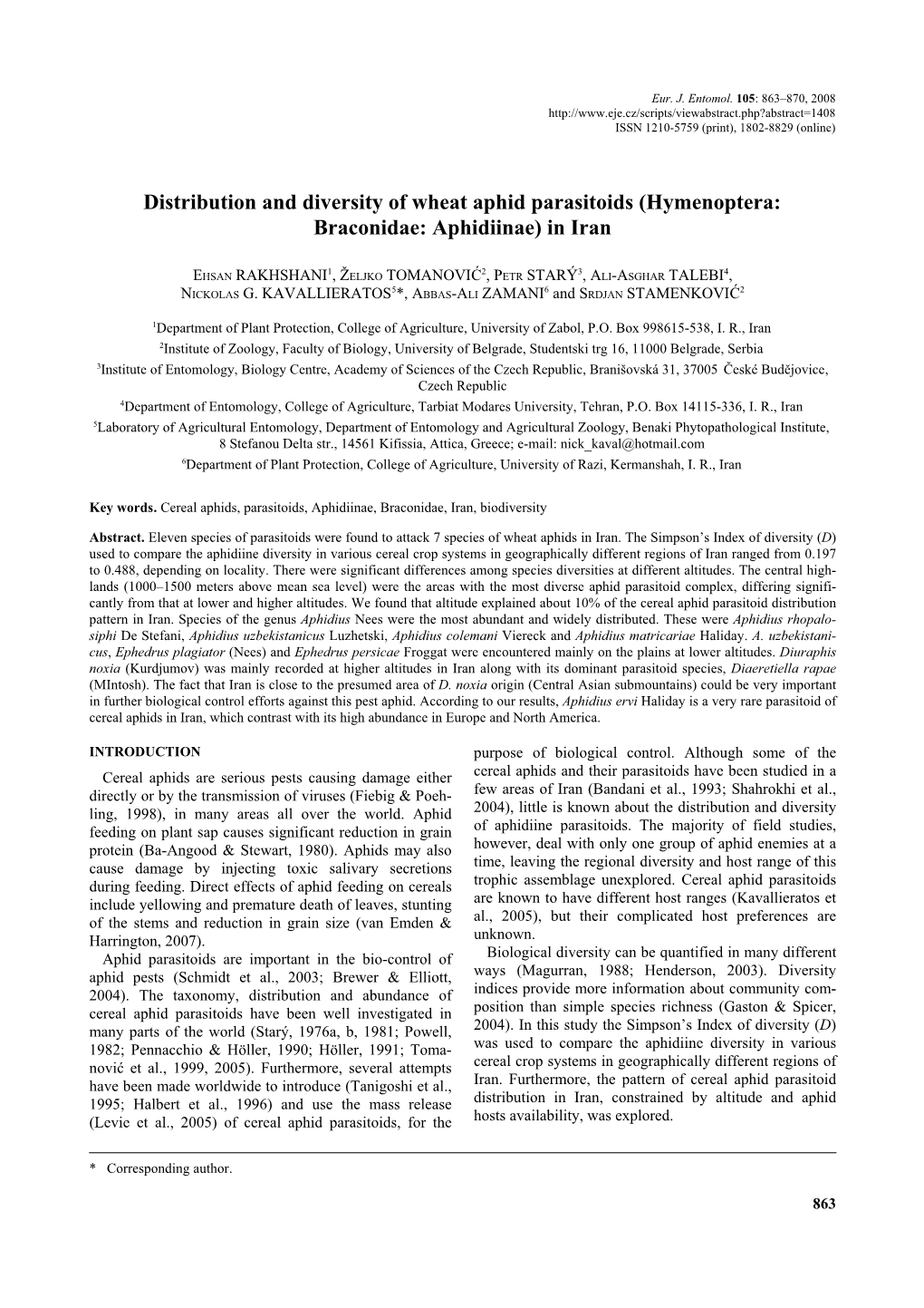 Distribution and Diversity of Wheat Aphid Parasitoids (Hymenoptera: Braconidae: Aphidiinae) in Iran