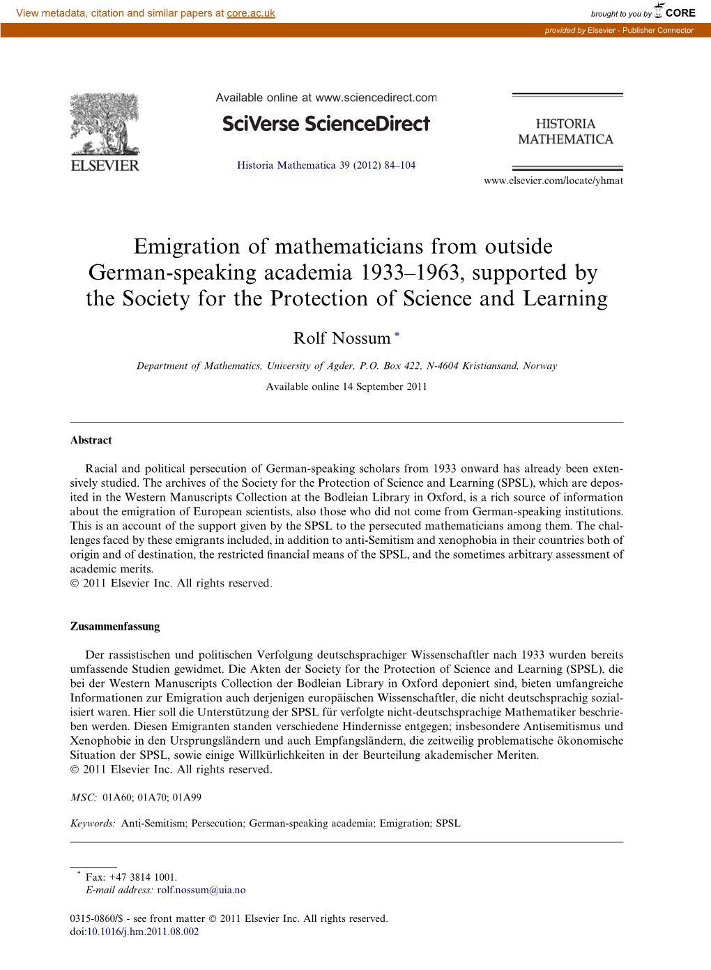 Emigration of Mathematicians from Outside German-Speaking Academia 1933–1963, Supported by the Society for the Protection of Science and Learning