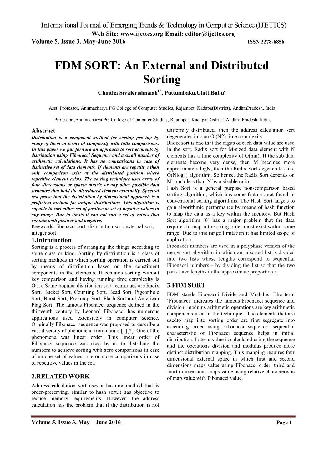 FDM SORT: an External and Distributed Sorting Chintha Sivakrishnaiah1*, Puttumbaku.Chittibabu2