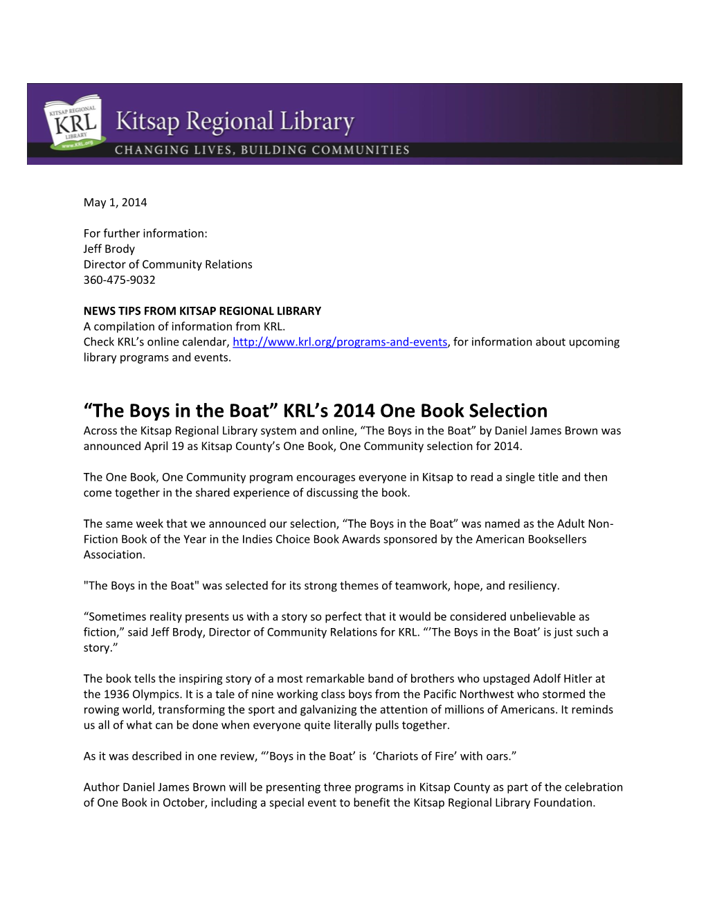 “The Boys in the Boat” KRL's 2014 One Book Selection