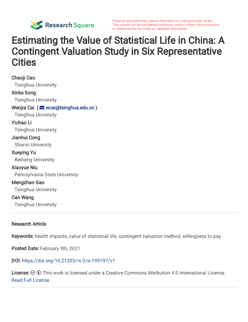 Estimating the Value of Statistical Life in China: a Contingent Valuation Study in Six Representative Cities