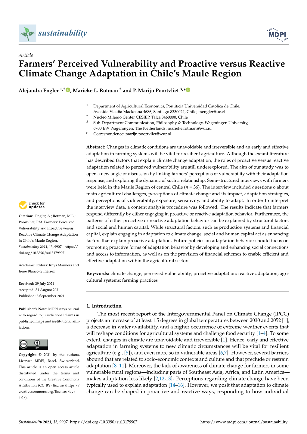 Farmers' Perceived Vulnerability and Proactive Versus Reactive Climate