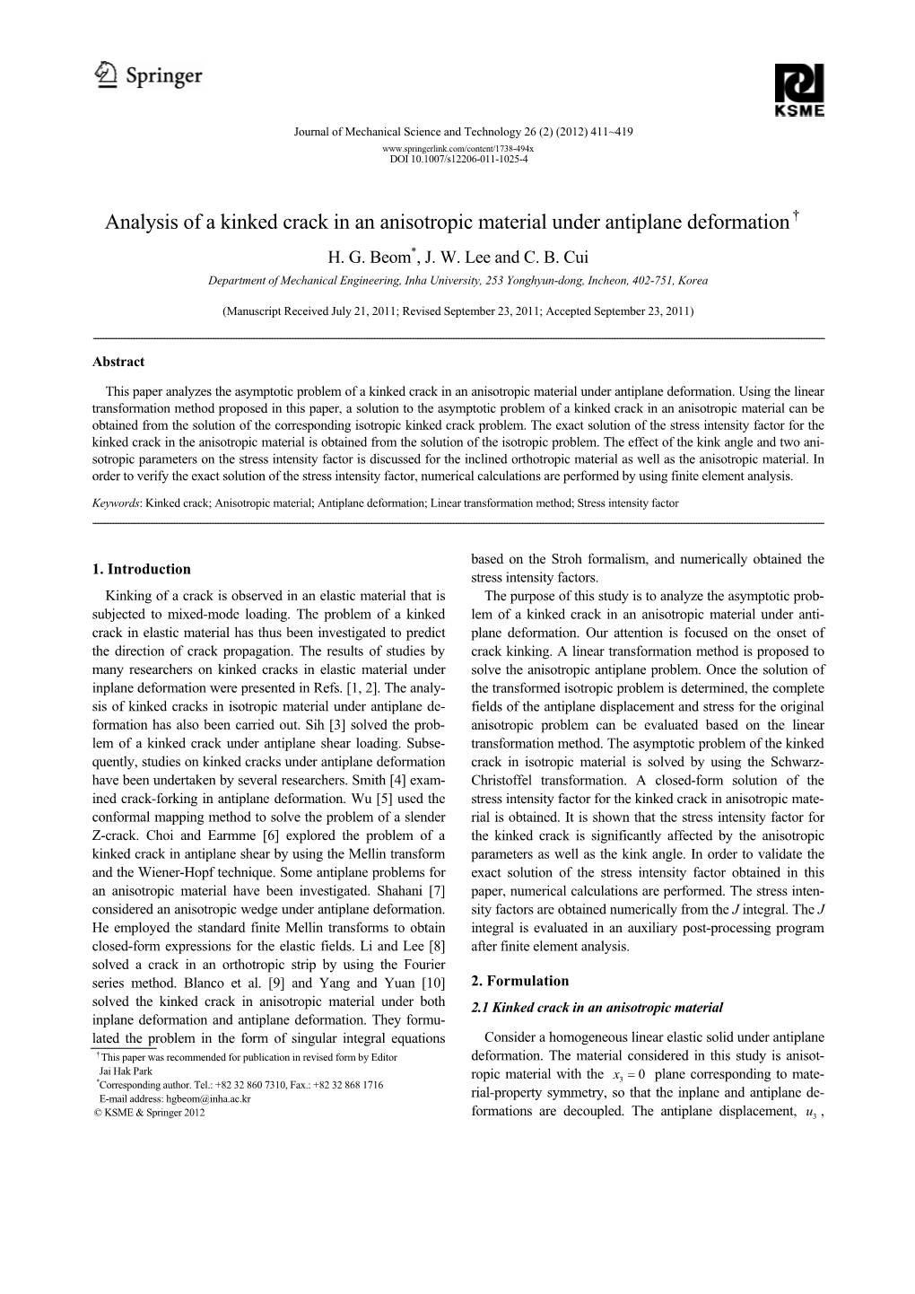 Analysis of a Kinked Crack in an Anisotropic Material Under Antiplane Deformation† H