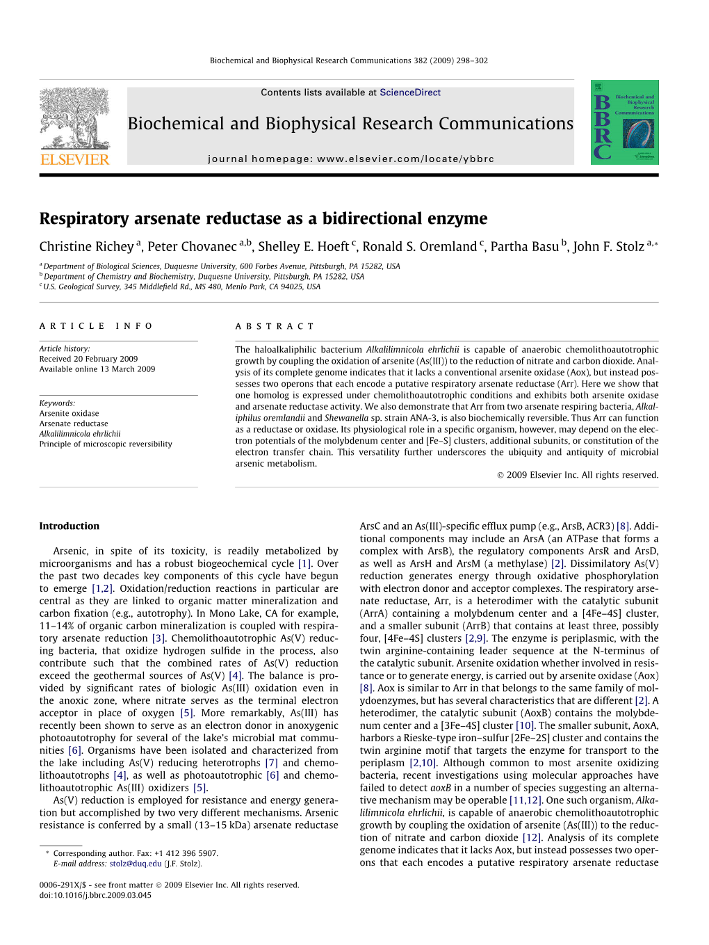 Respiratory Arsenate Reductase As a Bidirectional Enzyme