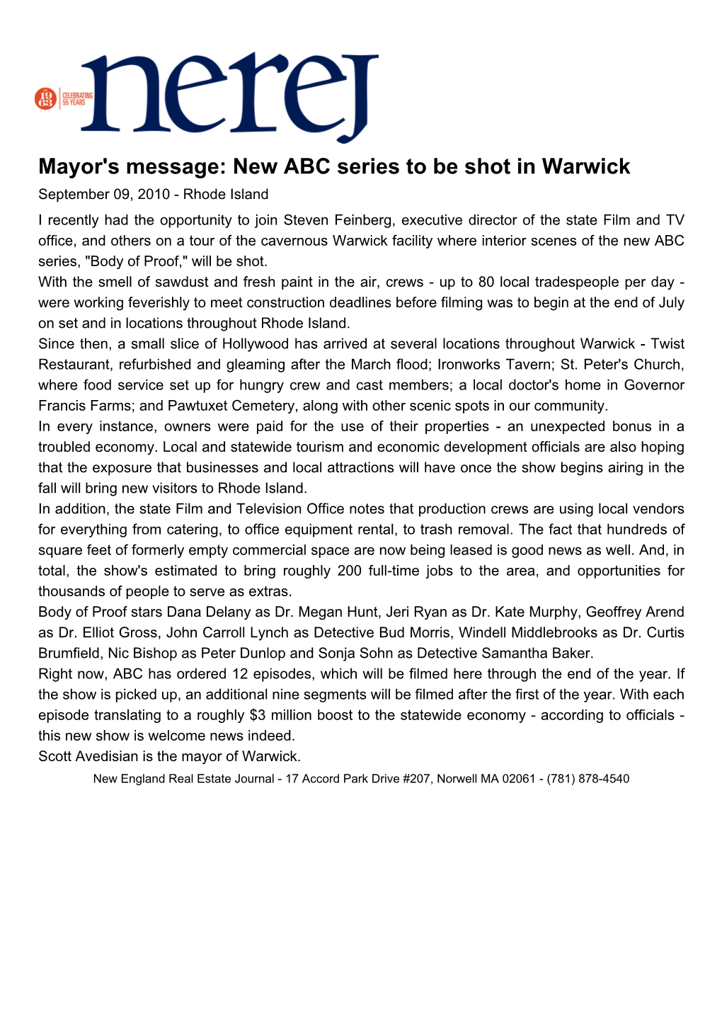 Mayor's Message: New ABC Series to Be Shot in Warwick