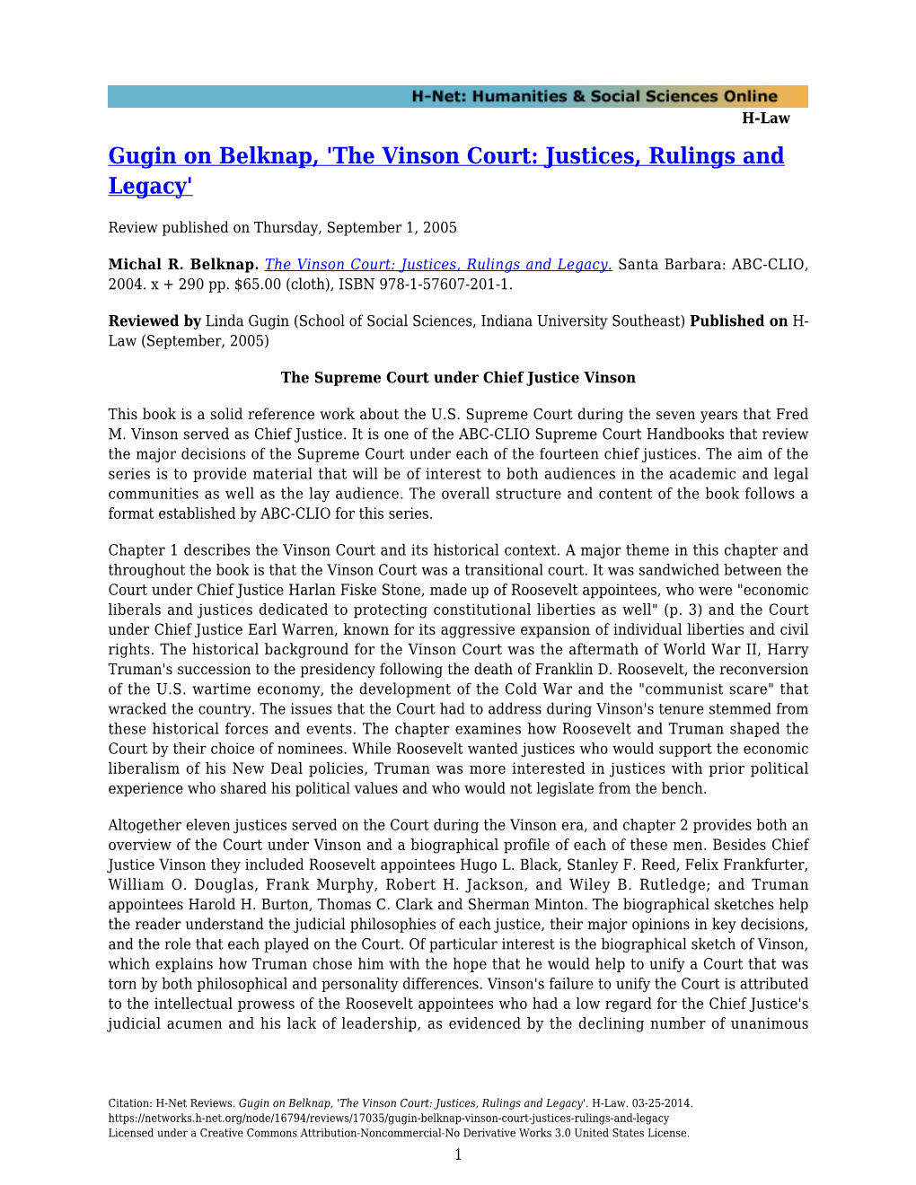 Gugin on Belknap, 'The Vinson Court: Justices, Rulings and Legacy'