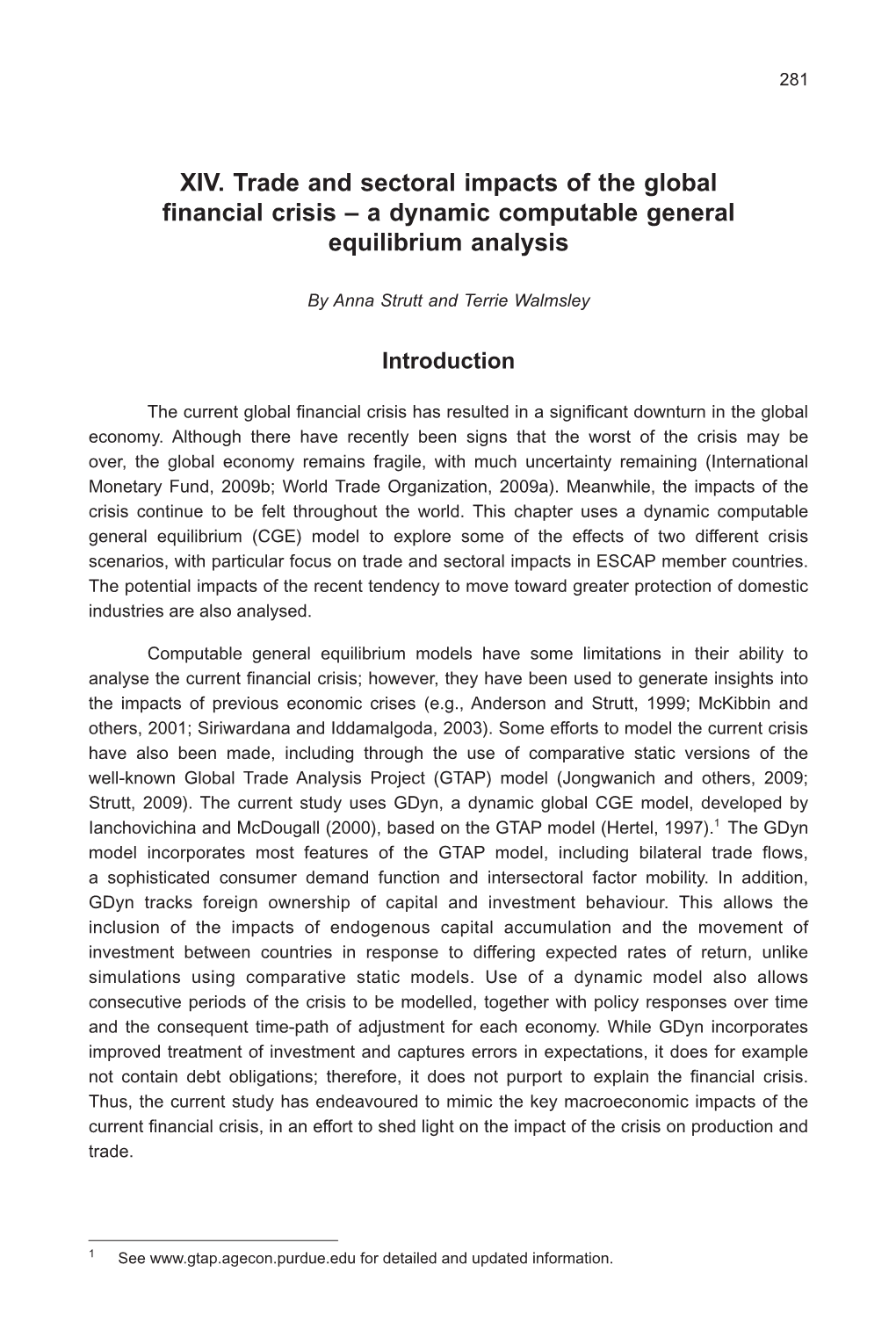 XIV. Trade and Sectoral Impacts of the Global Financial Crisis – a Dynamic Computable General Equilibrium Analysis