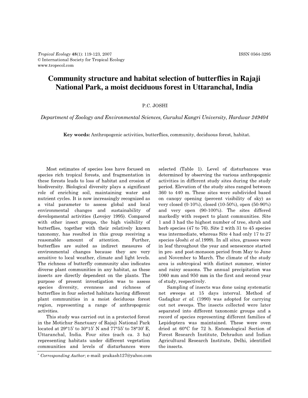 Community Structure and Habitat Selection of Butterflies in Rajaji National Park, a Moist Deciduous Forest in Uttaranchal, India