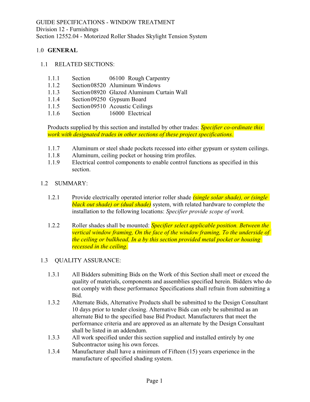 Guide Specifications - Window Treatment