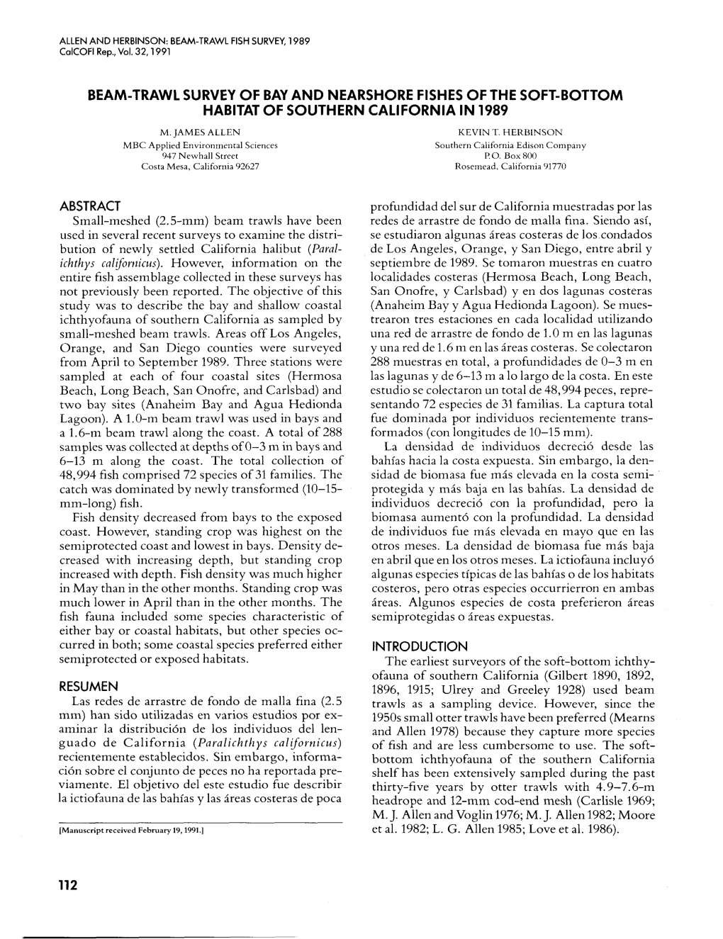 Beam-Trawl Survey O F Bay a N D Nearshore Fishes O F