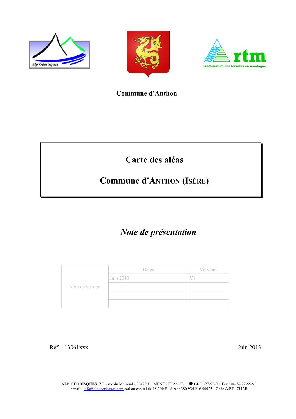 Note De Présentation Carte Des Aléas Commune D'anthon (ISÈRE)