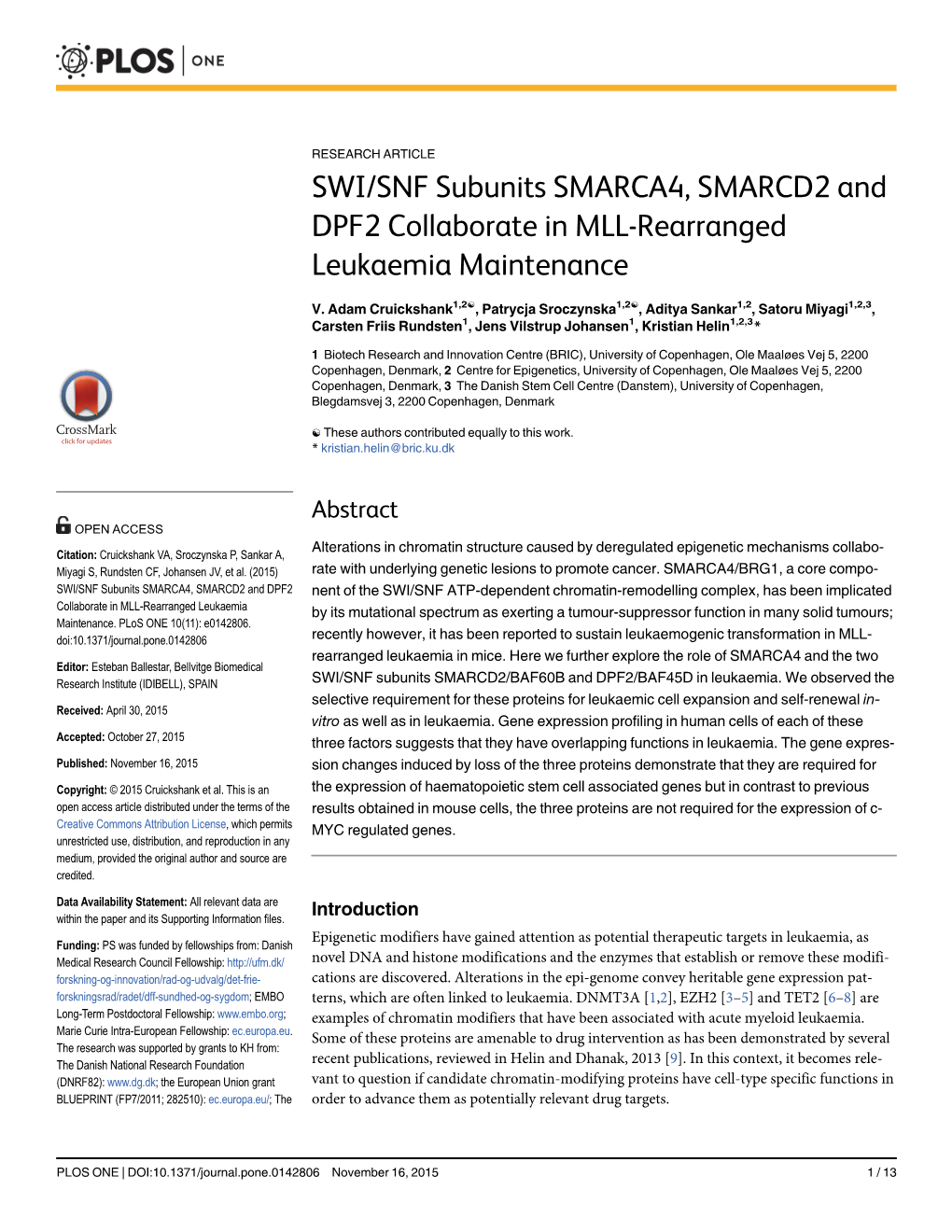 SWI/SNF Subunits SMARCA4, SMARCD2 and DPF2 Collaborate in MLL-Rearranged Leukaemia Maintenance