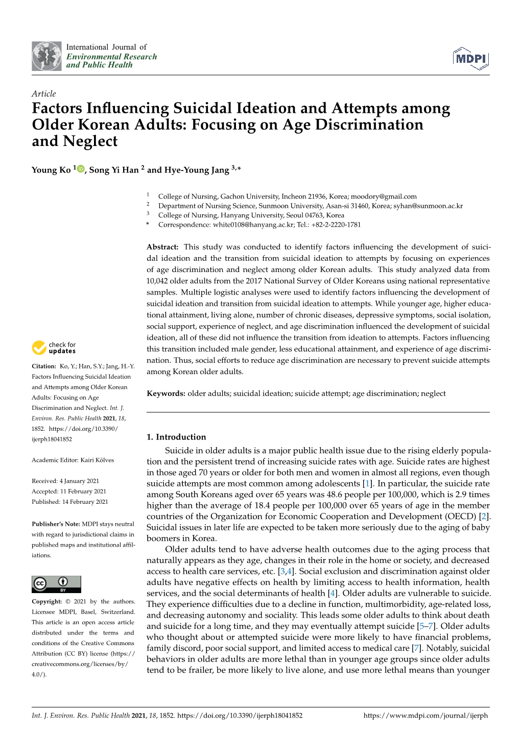 Factors Influencing Suicidal Ideation and Attempts Among Older Korean