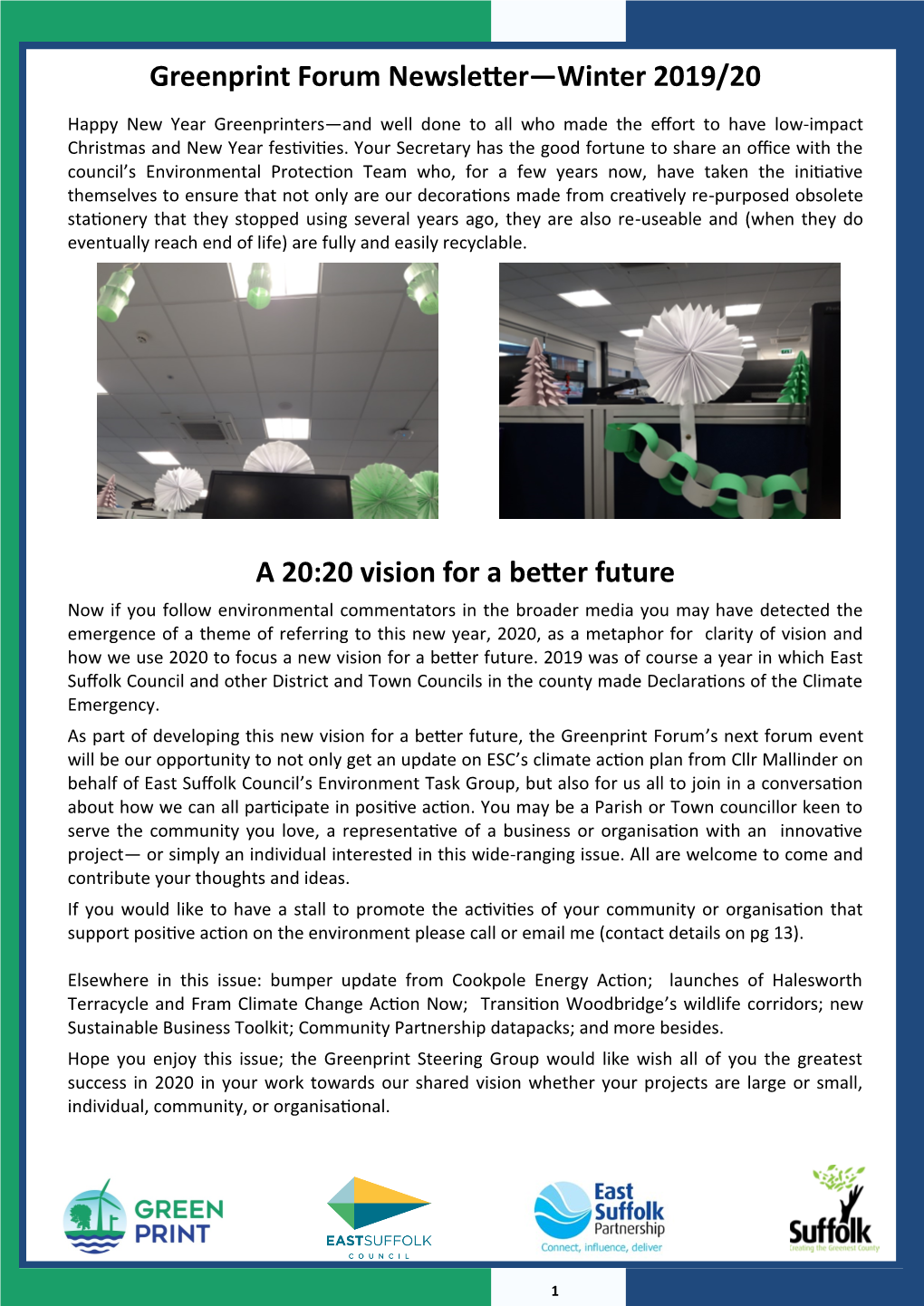 A a 20:20 Vision for a Better Future Greenprint Forum Newsletter