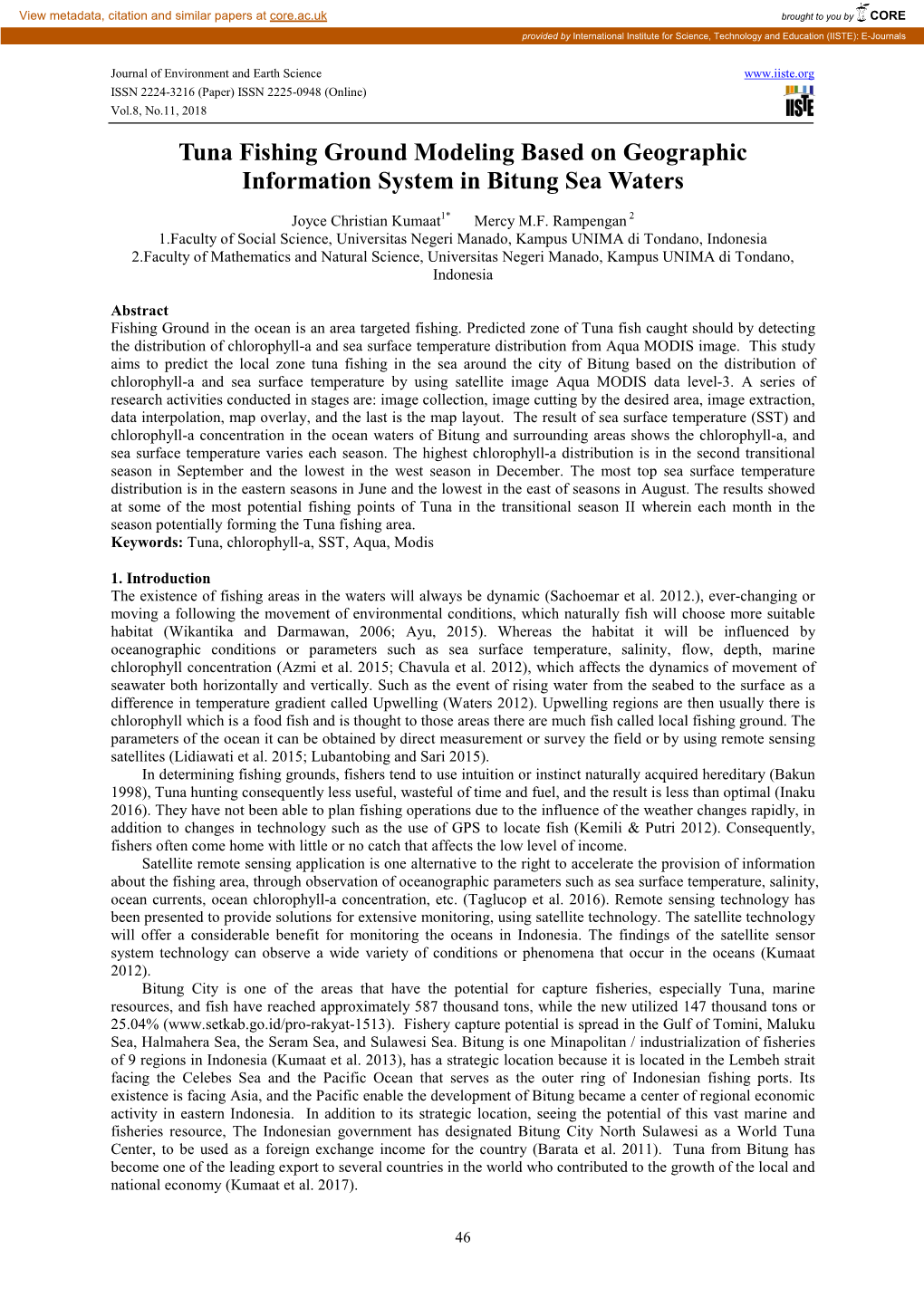 Tuna Fishing Ground Modeling Based on Geographic Information System in Bitung Sea Waters