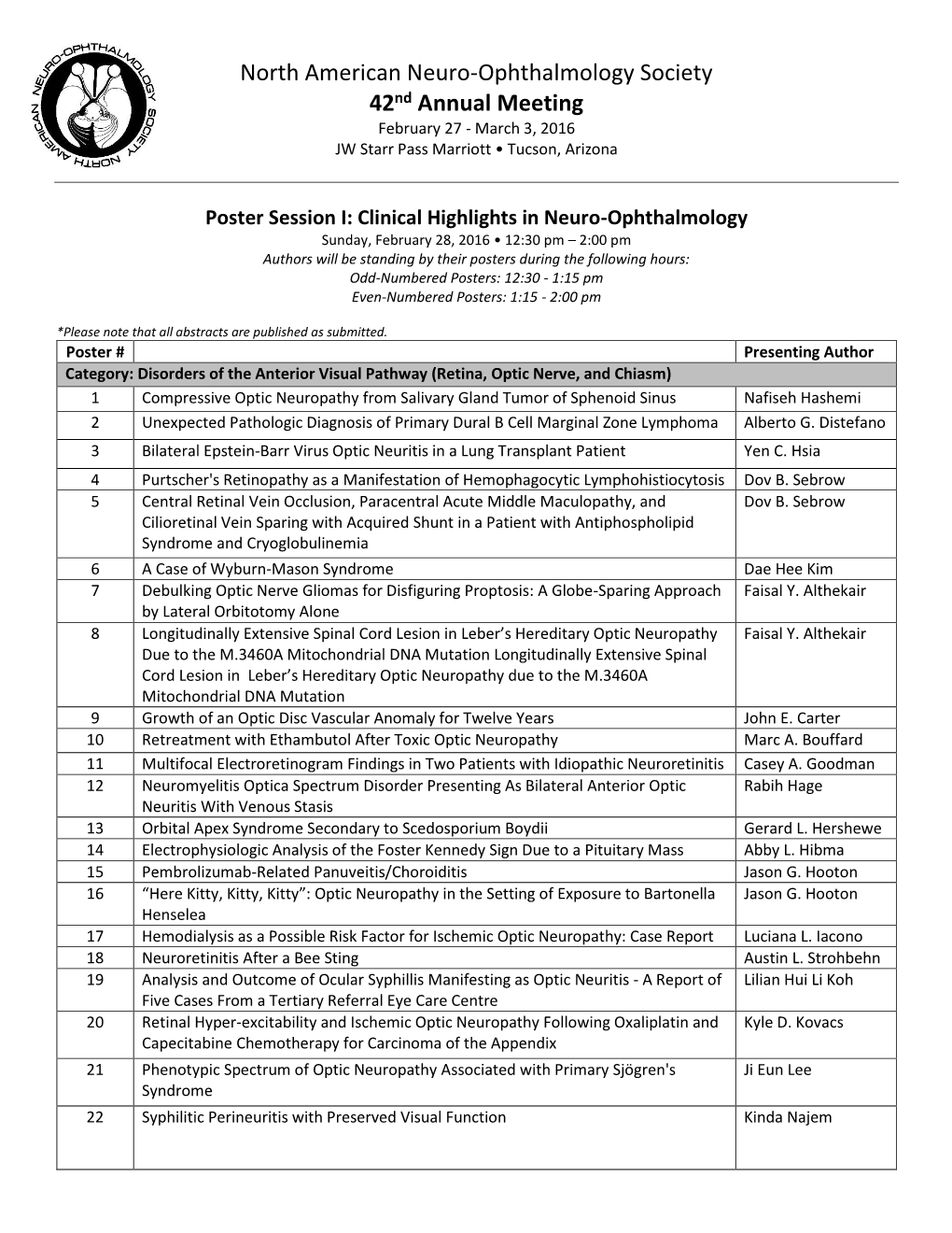 North American Neuro-Ophthalmology Society 42Nd Annual Meeting February 27 - March 3, 2016 JW Starr Pass Marriott • Tucson, Arizona