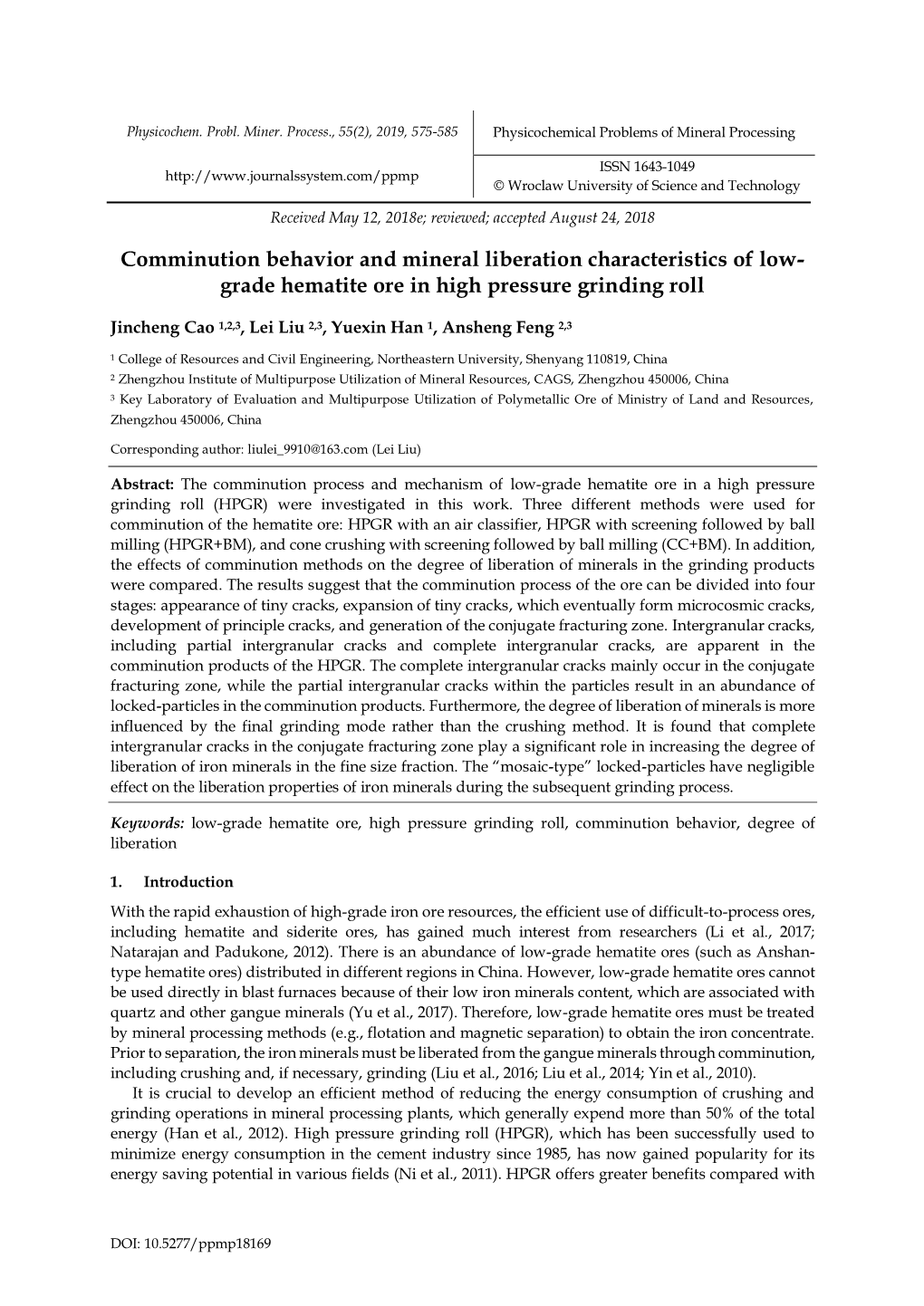 Comminution Behavior and Mineral Liberation Characteristics of Low- Grade Hematite Ore in High Pressure Grinding Roll