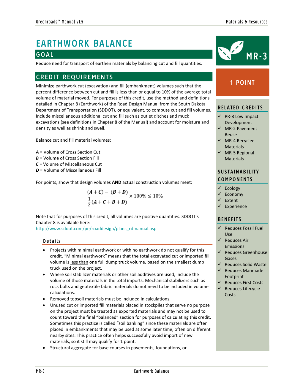 Earthwork Balance MR-3 Greenroads™ Manual V1.5 Materials & Resources