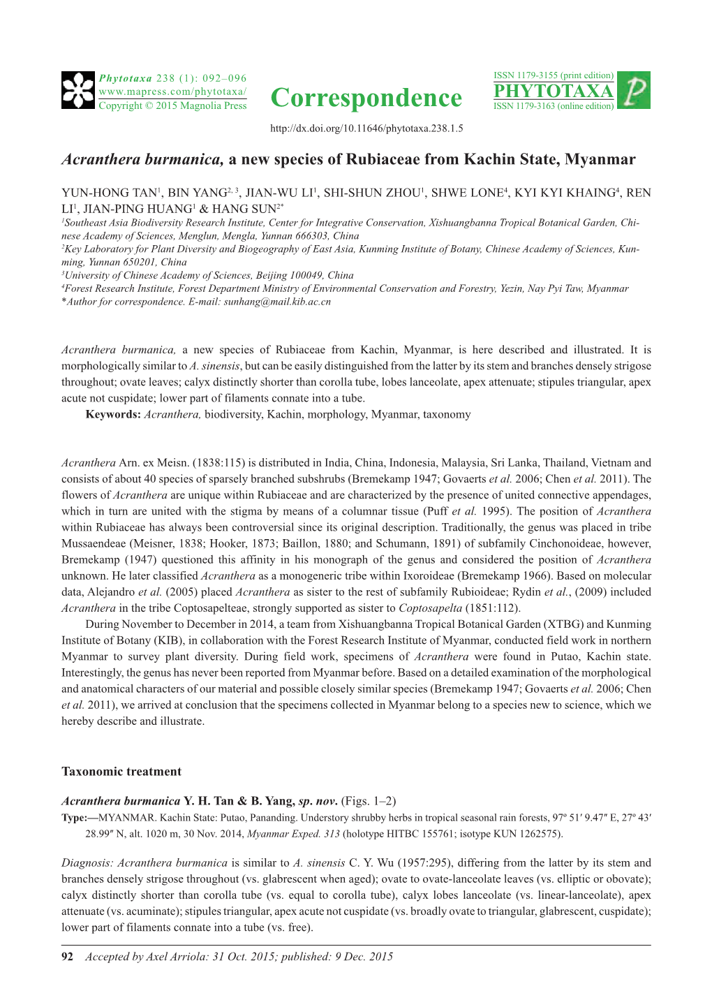 Acranthera Burmanica, a New Species of Rubiaceae from Kachin State, Myanmar