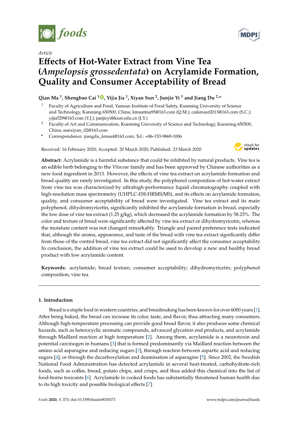 Ampelopsis Grossedentata) on Acrylamide Formation, Quality and Consumer Acceptability of Bread