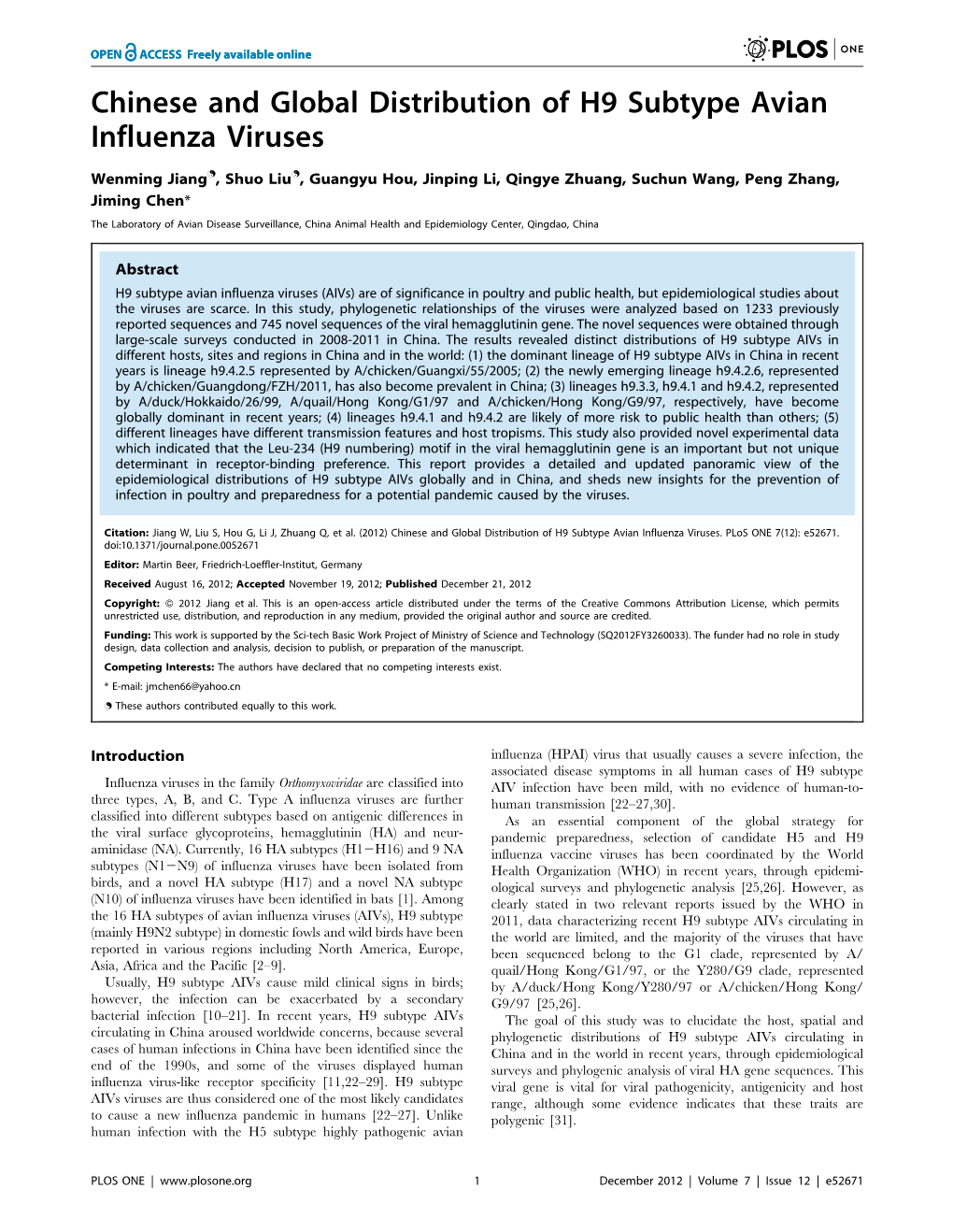 Chinese and Global Distribution of H9 Subtype Avian Influenza Viruses