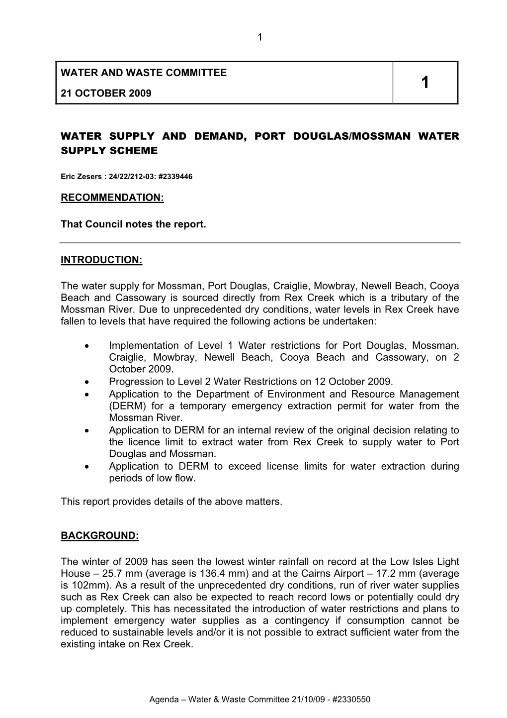 Water and Waste Committee 21 October 2009