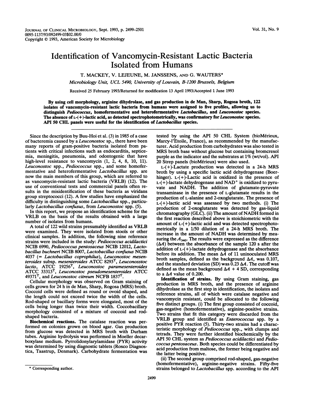 Identification of Vancomycin-Resistant Lactic Bacteria Isolated from Humans T