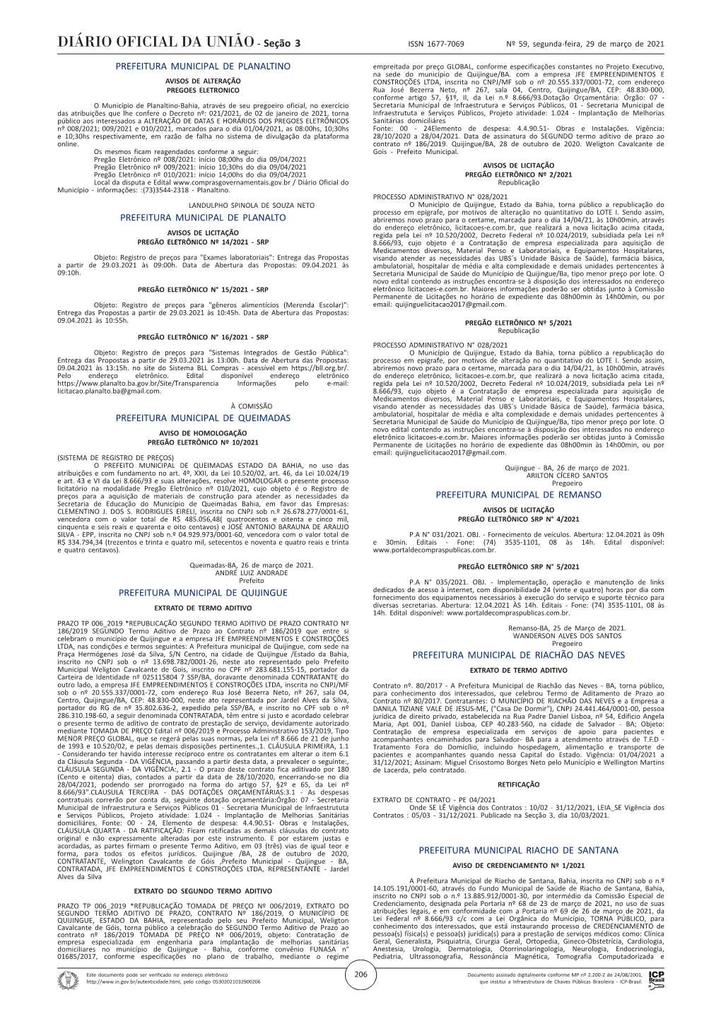 Seção 3 ISSN 1677-7069 Nº 59, Segunda-Feira, 29 De Março De 2021