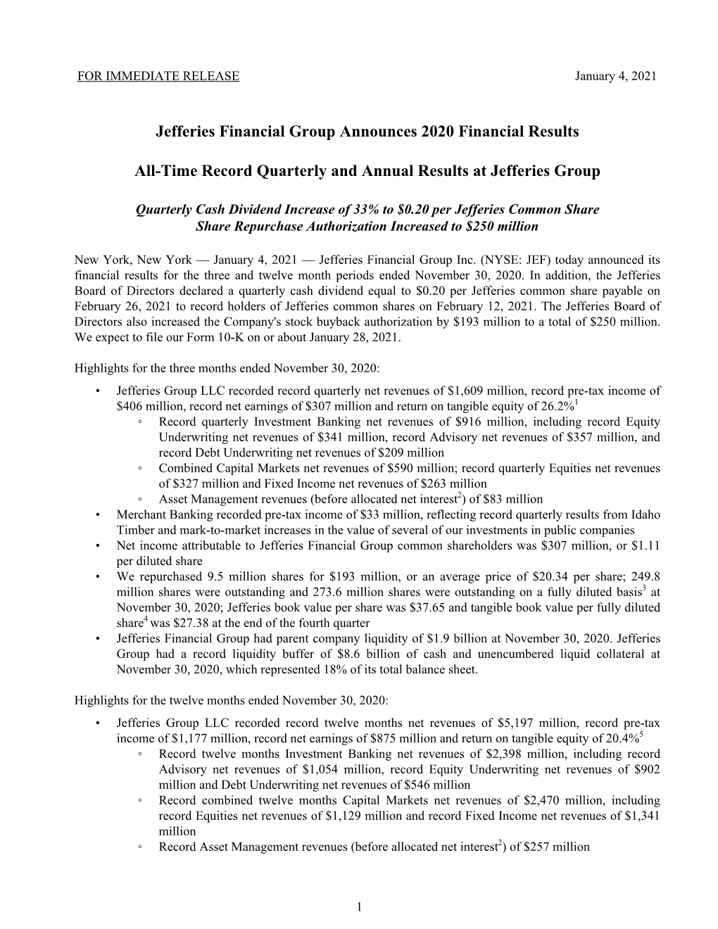 Jefferies Financial Group Announces 2020 Financial Results