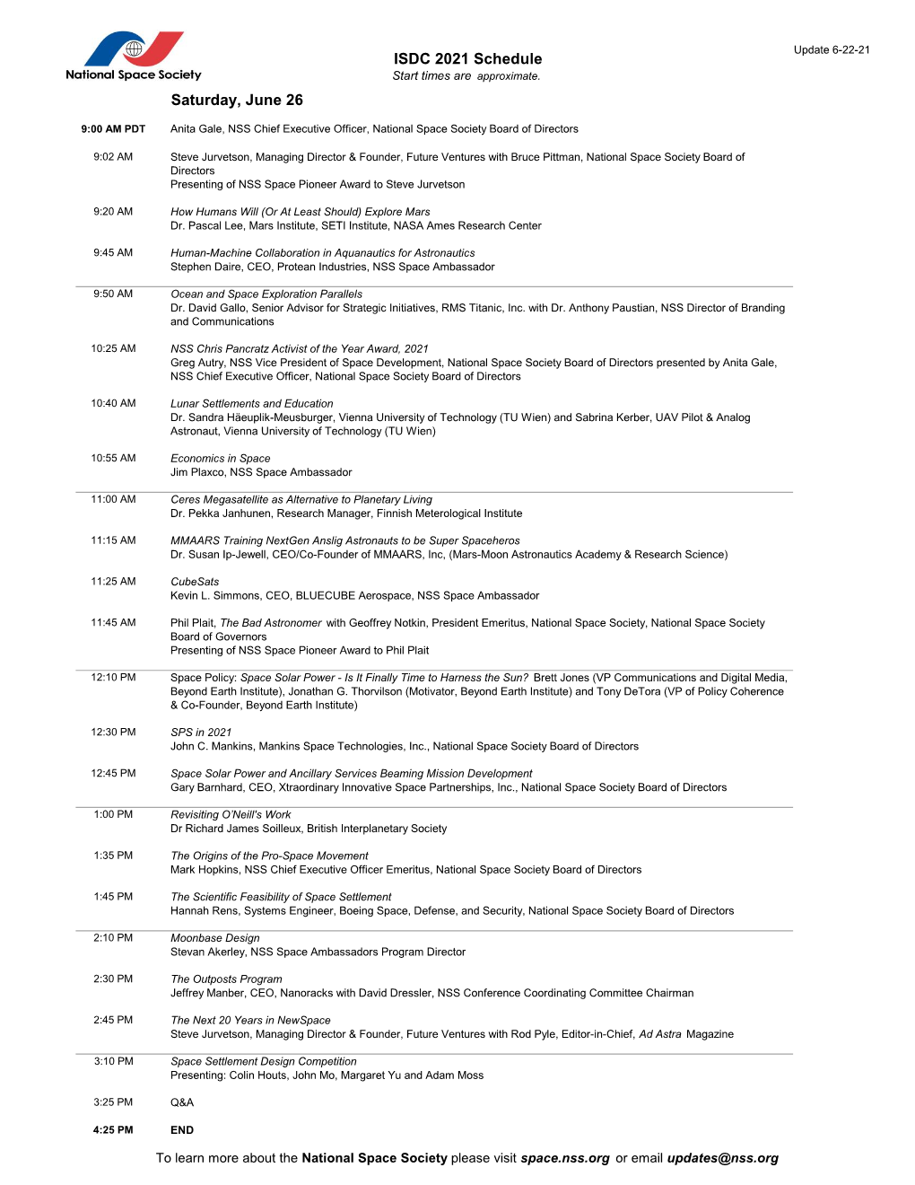 ISDC 2021 Schedule Saturday, June 26