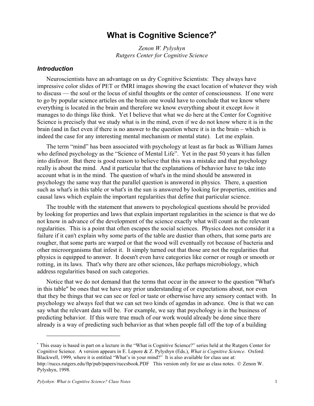 Pylyshyn: What Is Cognitive Science? Class Notes 1 They Accelerate at Roughly 10 Meters Per Second for Every Second of Flight