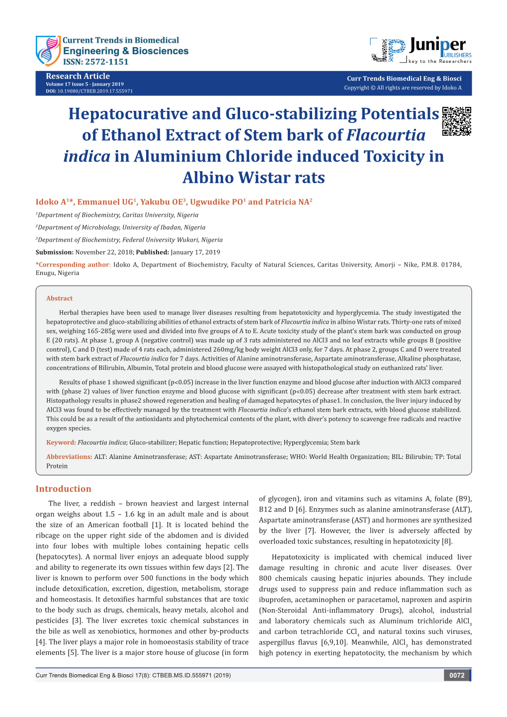 Hepatocurative and Gluco-Stabilizing Potentials of Ethanol Extract of Stem Bark of Flacourtia Indica in Aluminium Chloride Induced Toxicity in Albino Wistar Rats
