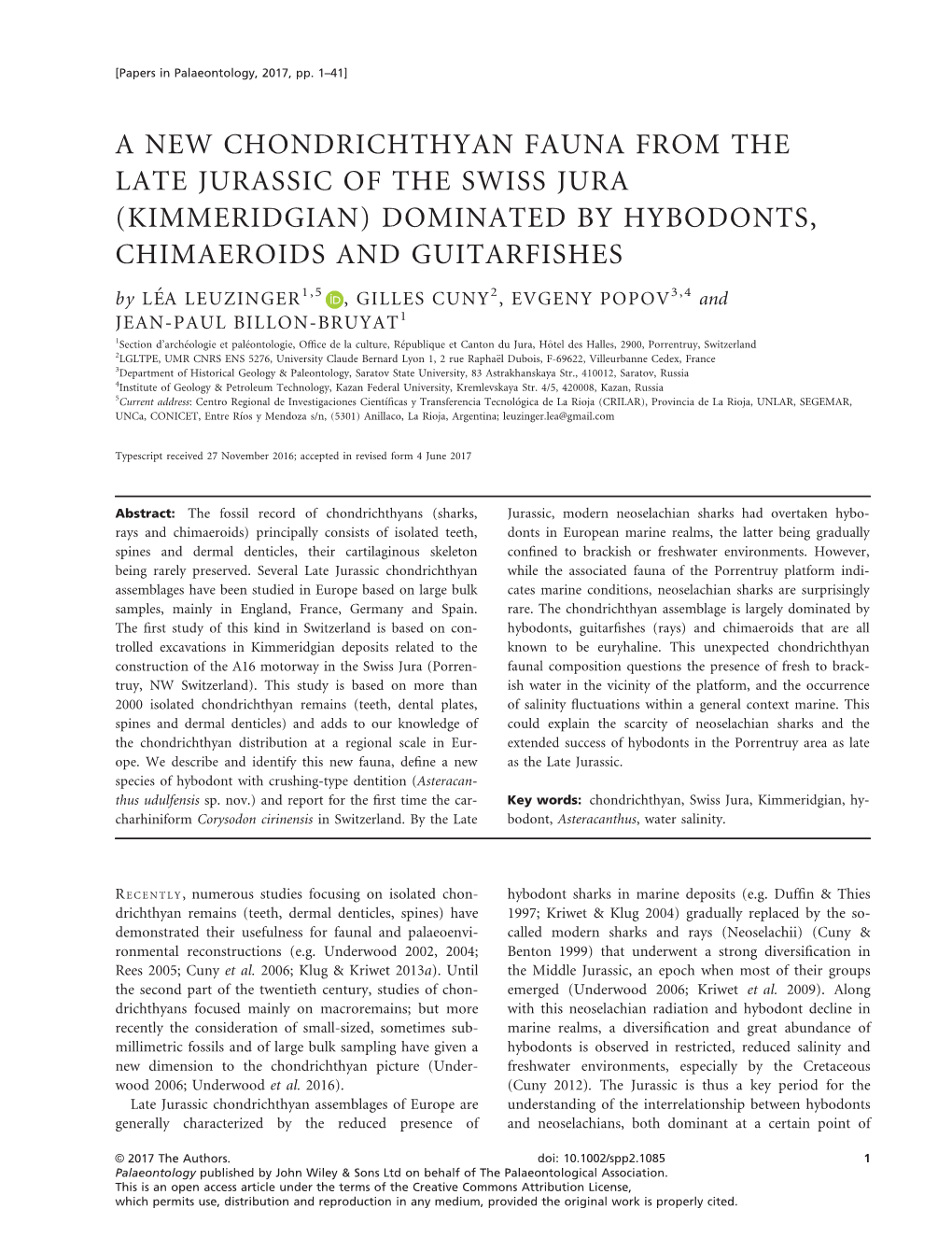 A New Chondrichthyan Fauna from the Late Jurassic of the Swiss