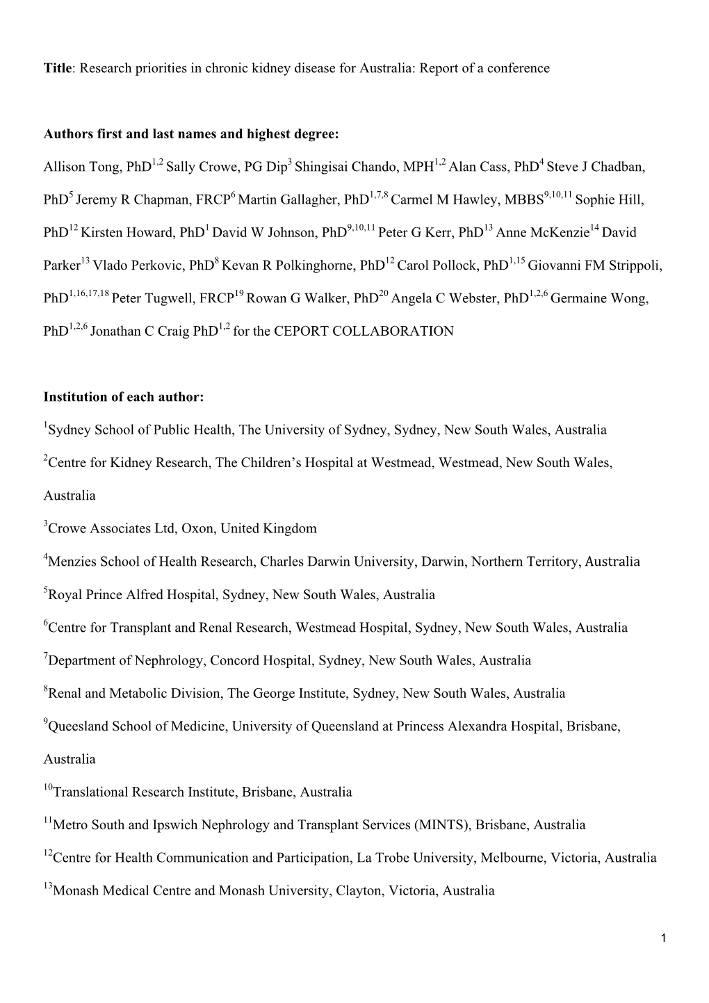 Research Priorities in Chronic Kidney Disease for Australia: Report of a Conference