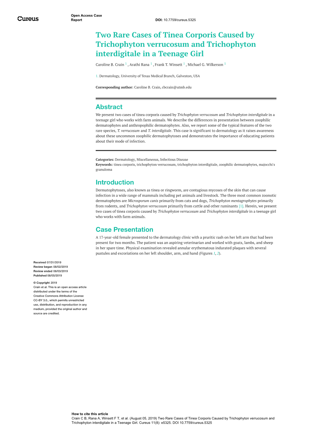 Two Rare Cases of Tinea Corporis Caused by Trichophyton Verrucosum and Trichophyton Interdigitale in a Teenage Girl