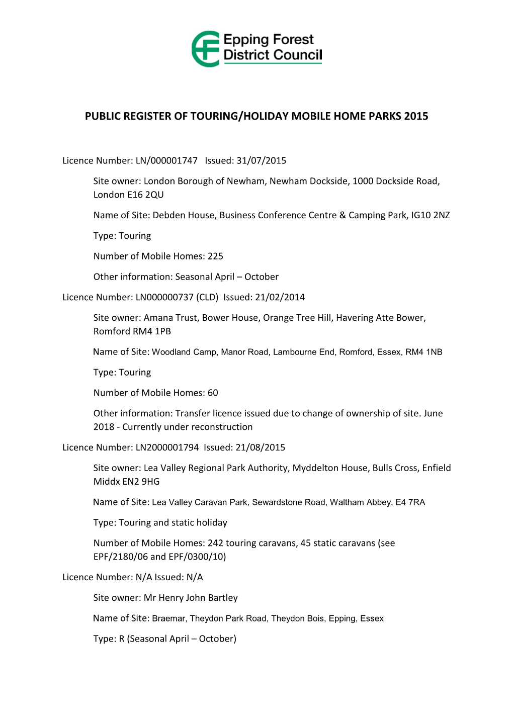 Public Register of Touring Holiday Mobile Home Parks