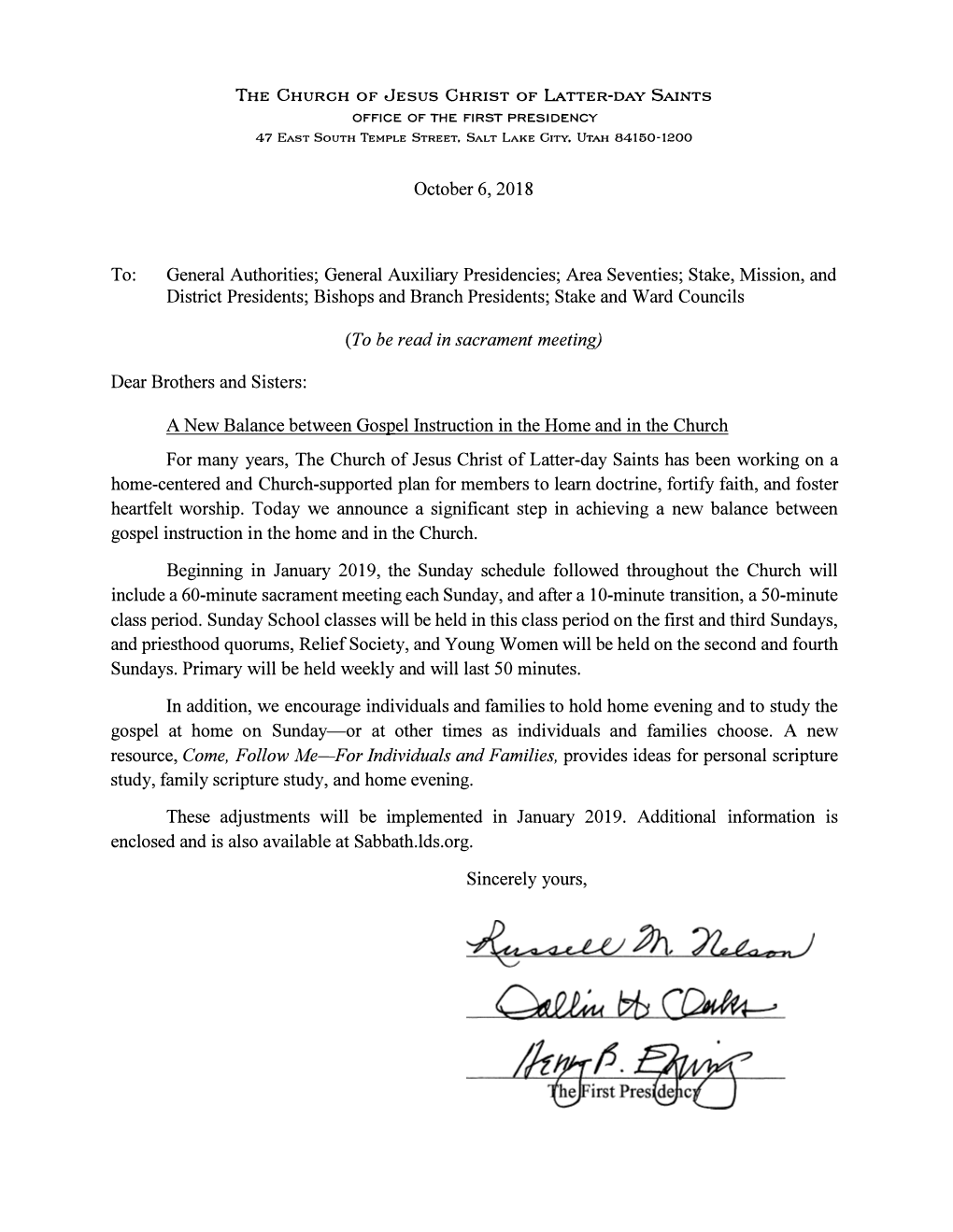 First Presidency Letter Dated October 6, 2018