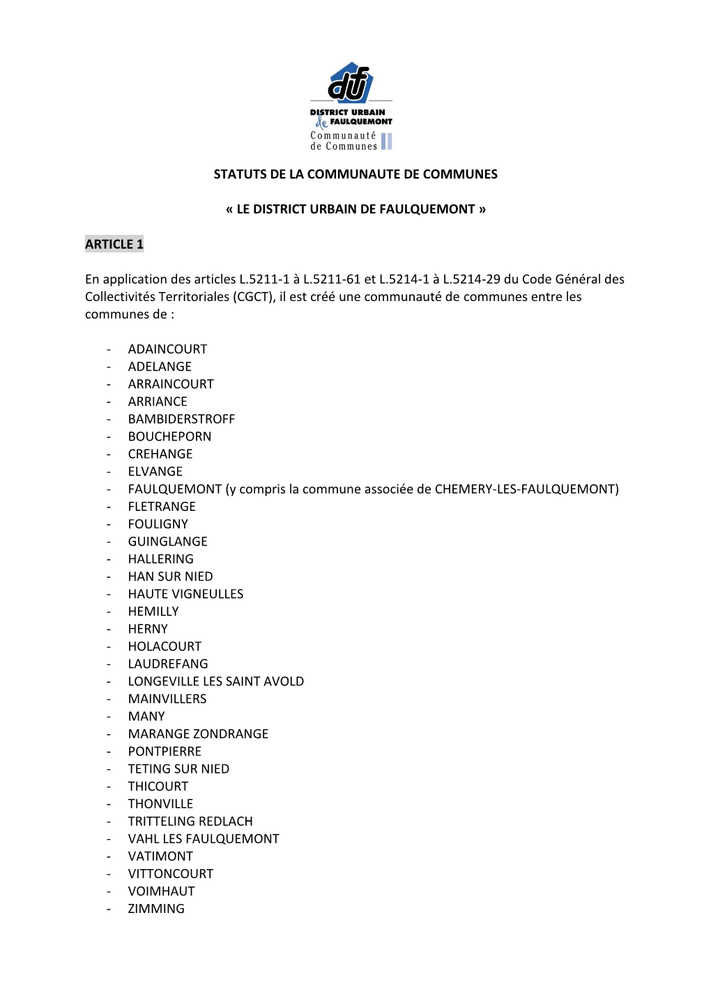 Statuts De La Communaute De Communes « Le District