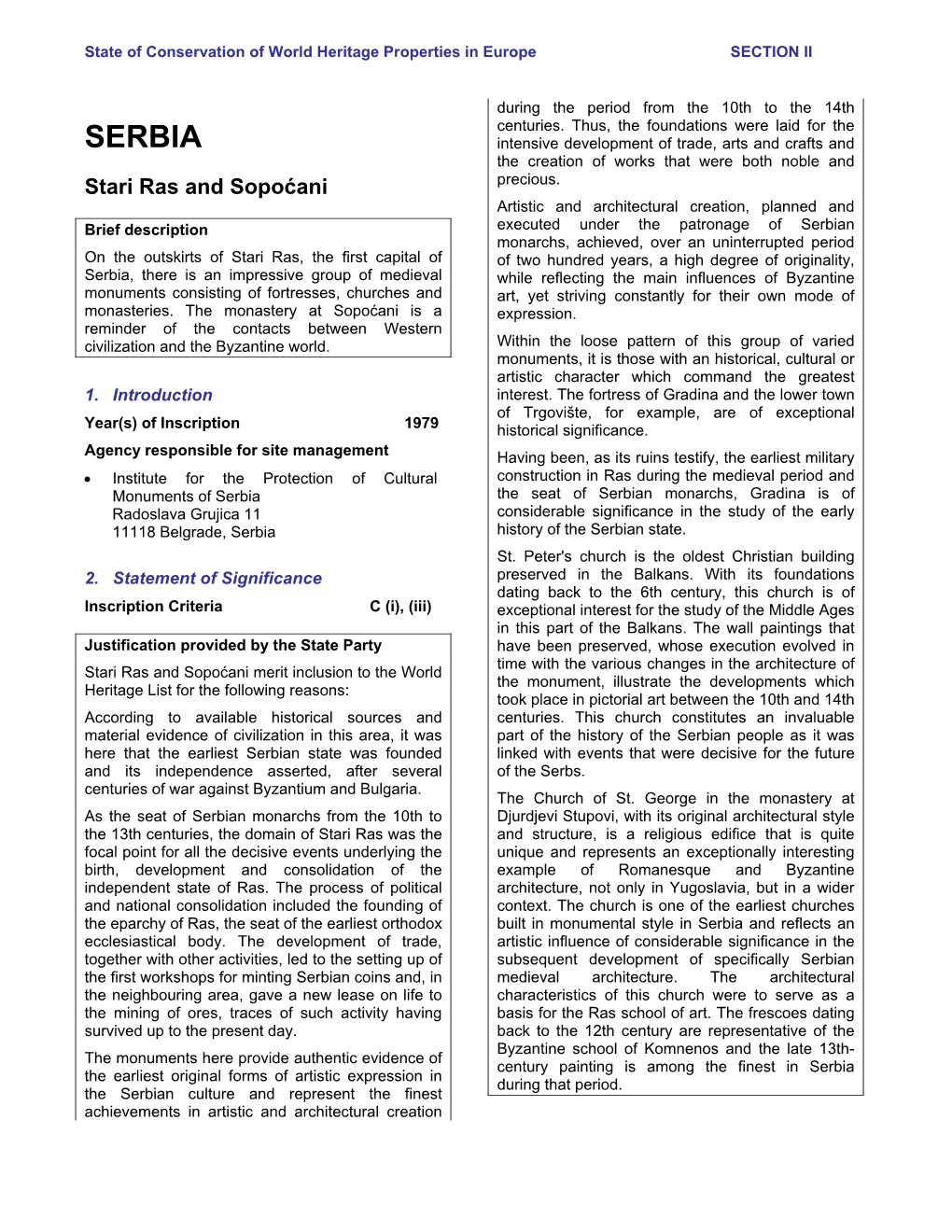 Section II: Summary of the Periodic Report on the State of Conservation