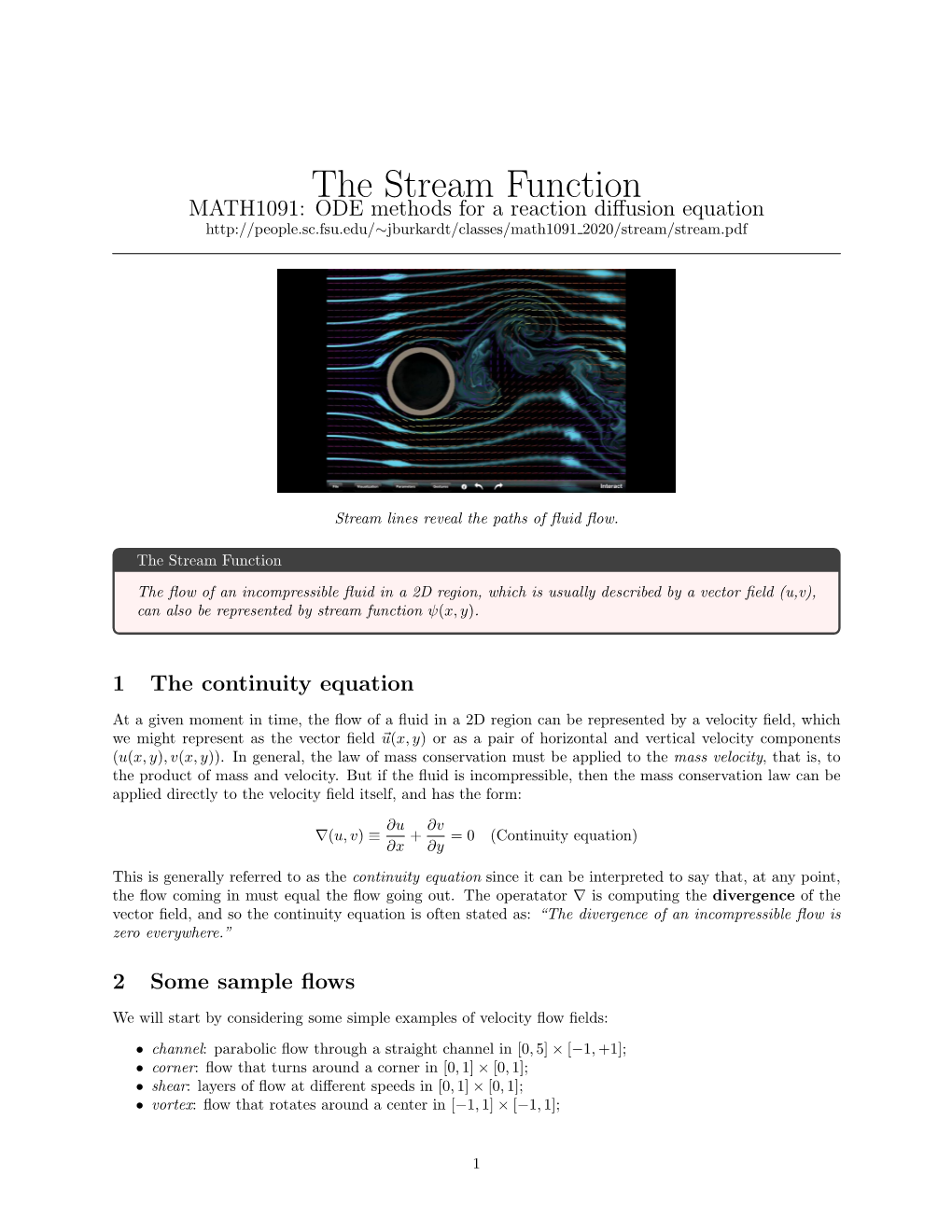 The Stream Function MATH1091: ODE Methods for a Reaction Diﬀusion Equation 2020/Stream/Stream.Pdf